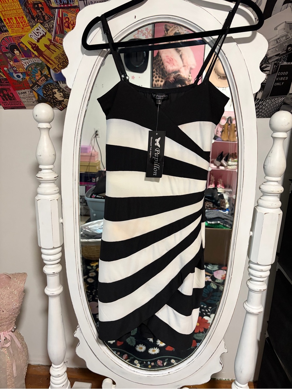 Papillon Blanc Black & White Striped Mini Slip Dress